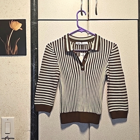 Zara Top, Women's Striped Collared 3 Button Stretchy Rib Knit Polo, S - Picture 1 of 6